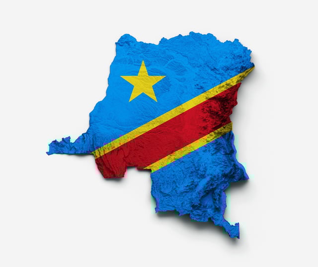 A 3D illustration of the country of DRC outlined by its flag