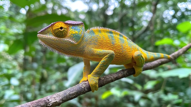 a chameleon walking on a tree branch