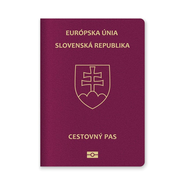 A Slovakian passport in front of a white background