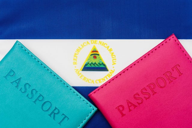 Flag of Nicaragua with two passports on top of it