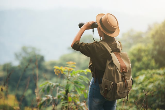 Hiking Young Woman With Binoculars Hiking