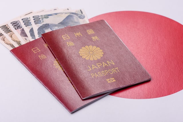 Japanese passports with the Japanese flag