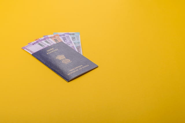 Passport on a yellow background with money