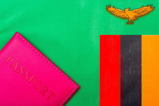 The flag of Zambia next to a red passport