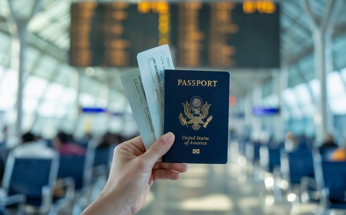 Female Hand Holding Passport And Boarding Pass In Airport Terminal Travel Concept