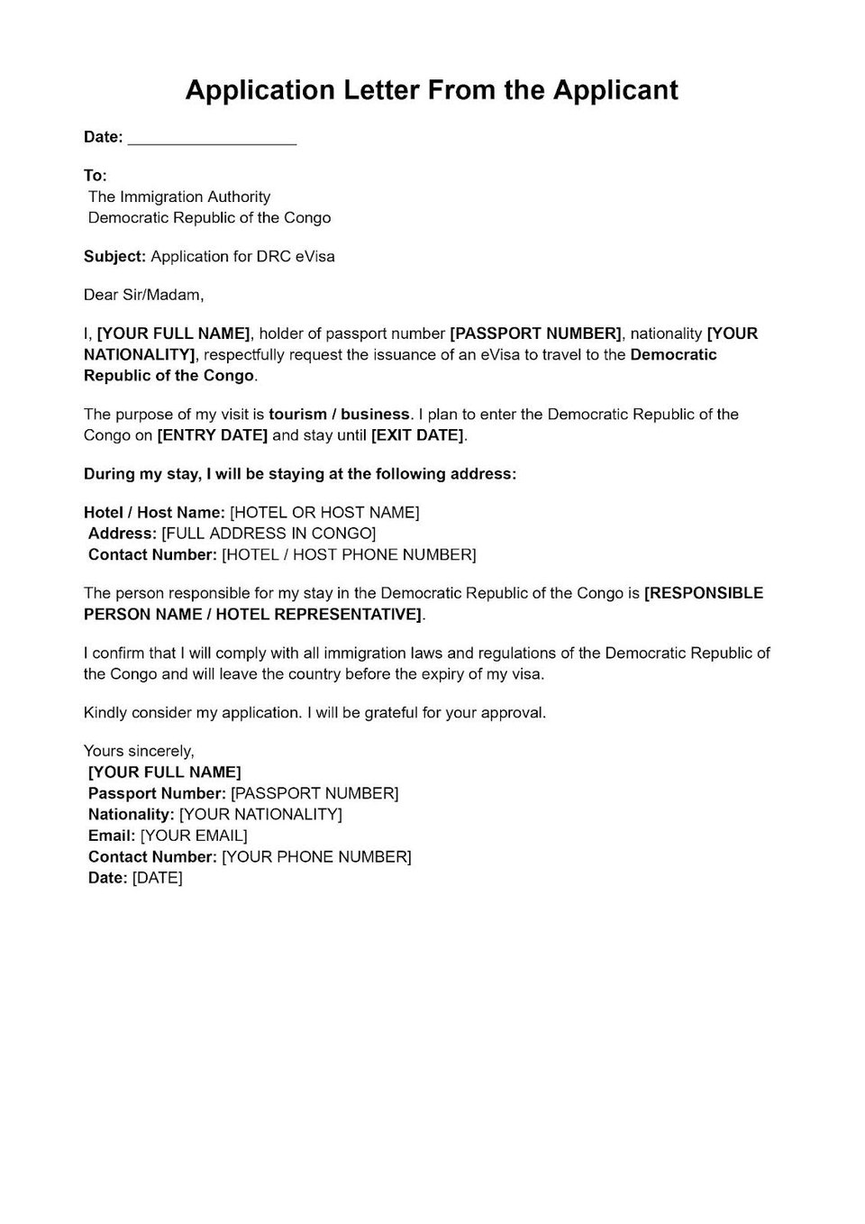 Congo eVisa - Application Letter from the Applicant