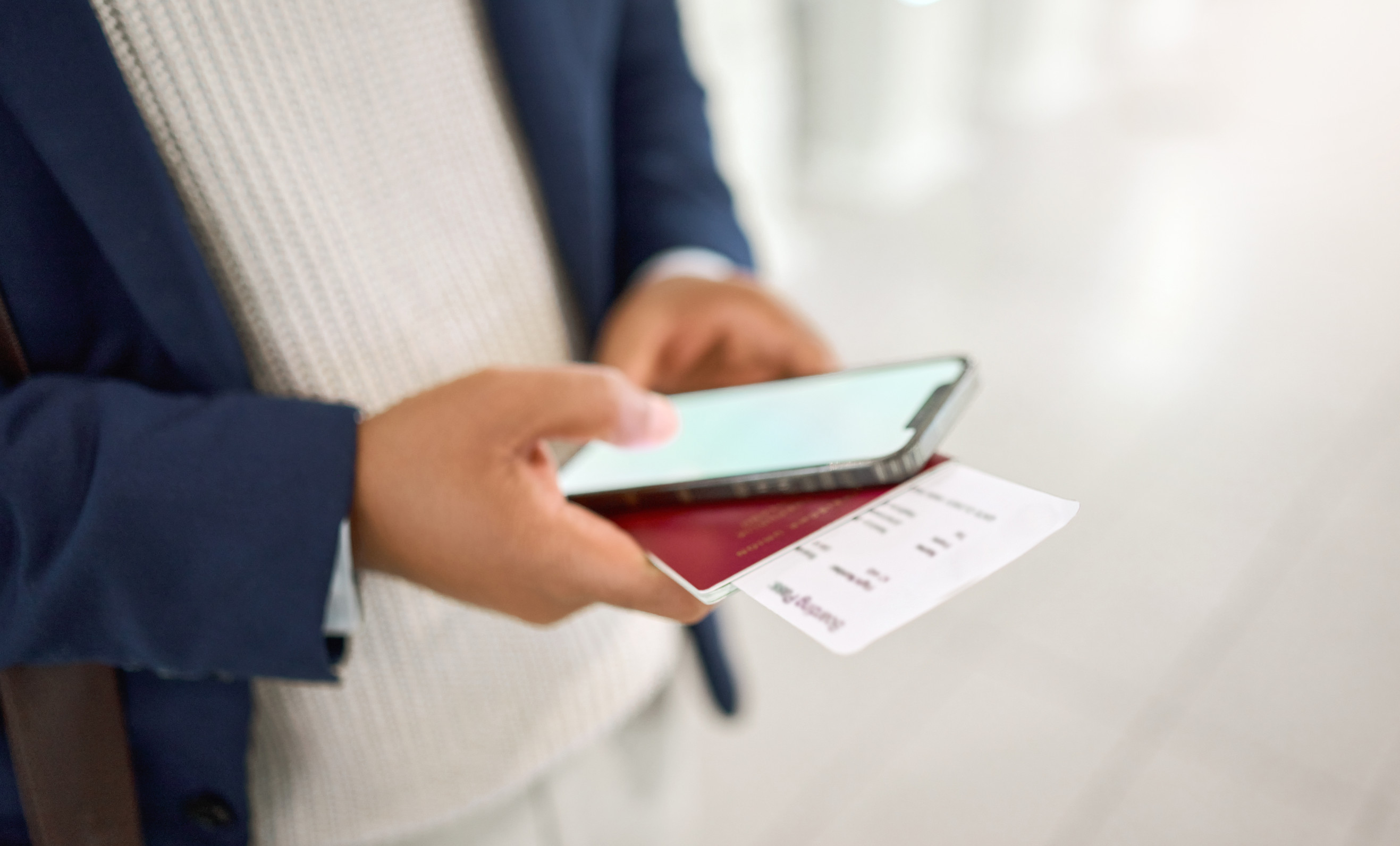 Hands Phone And Passport Chatting Typing Or Texting On Mobile App Or Checking Flight Times